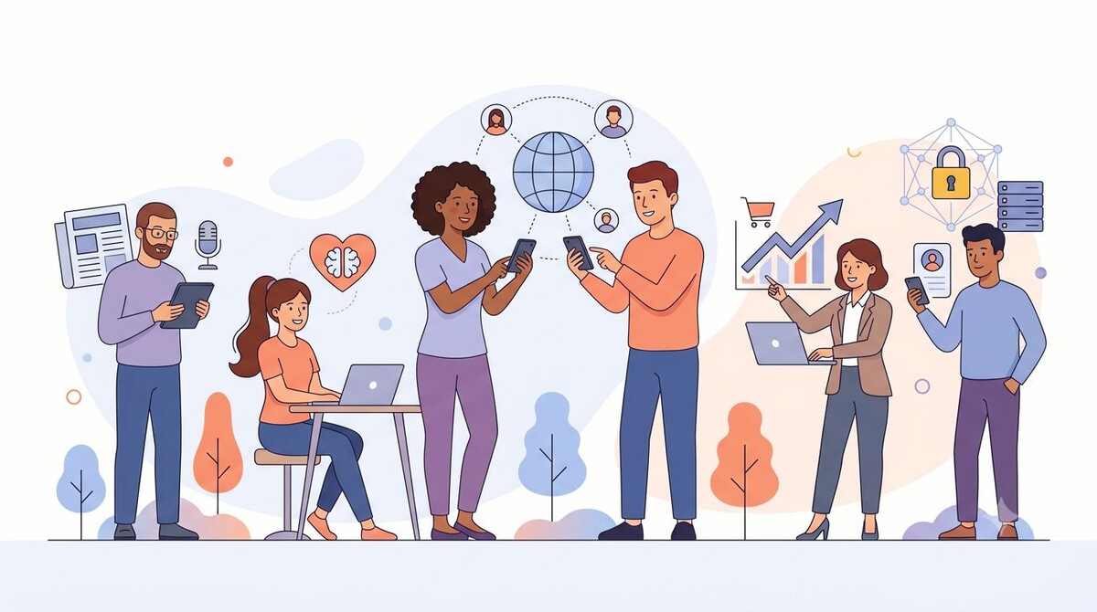 Illustration showing 5 key points about social media, including connection, news, mental health, business, and privacy