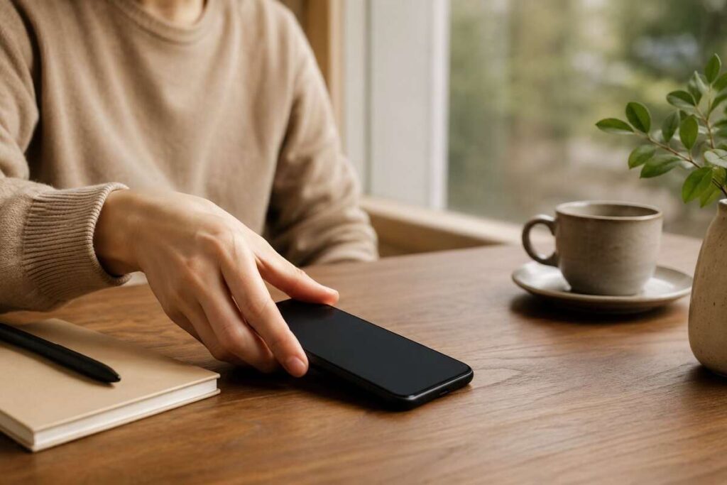 Hand placing smartphone face-down on wooden desk next to notebook and coffee, representing a blackout social break