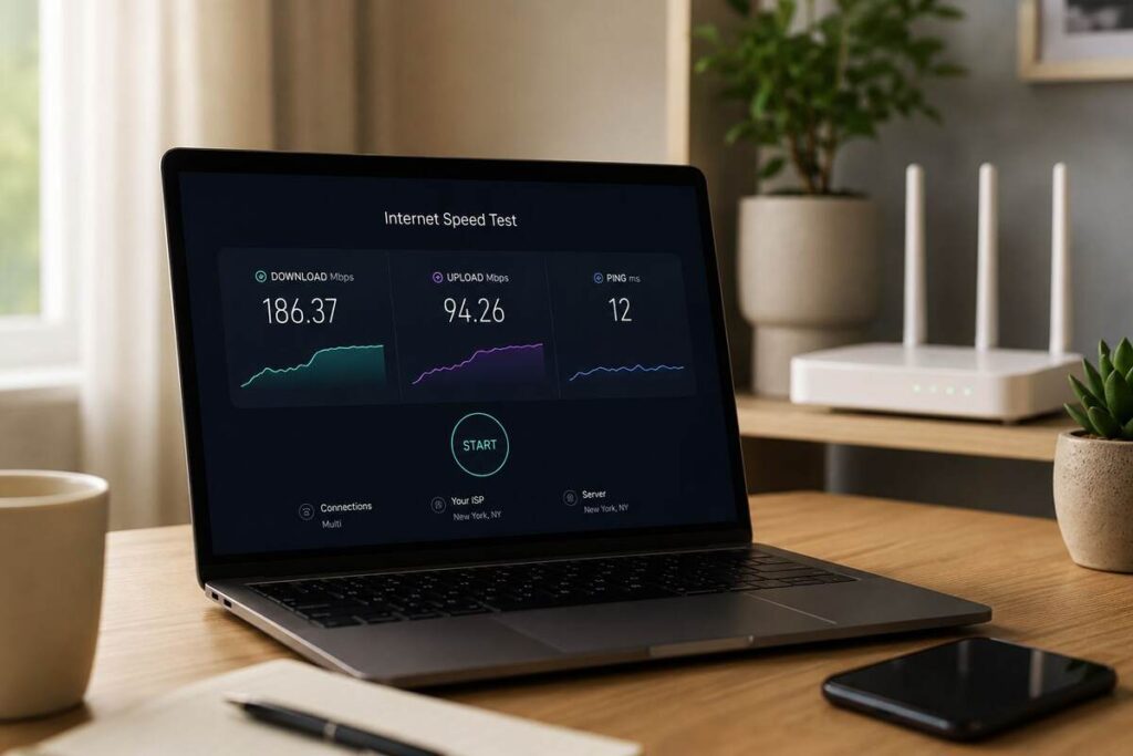 Frontier Internet speed test results on a laptop showing download, upload, and ping next to a Wi-Fi router