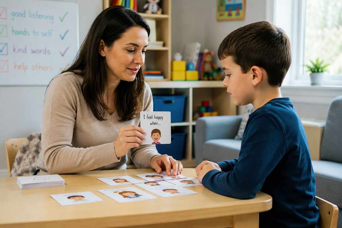 Therapist showing an emotion flashcard to a child during social skills training for Asperger's syndrome
