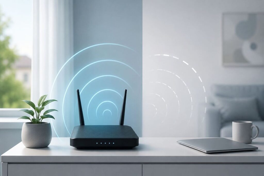 Wi-Fi router on a desk showing strong and weak signal range for Tmobile Home Internet