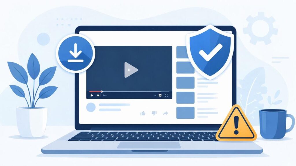 Is a YouTube downloader safe to use in 2026 — laptop with video download and security warning icons