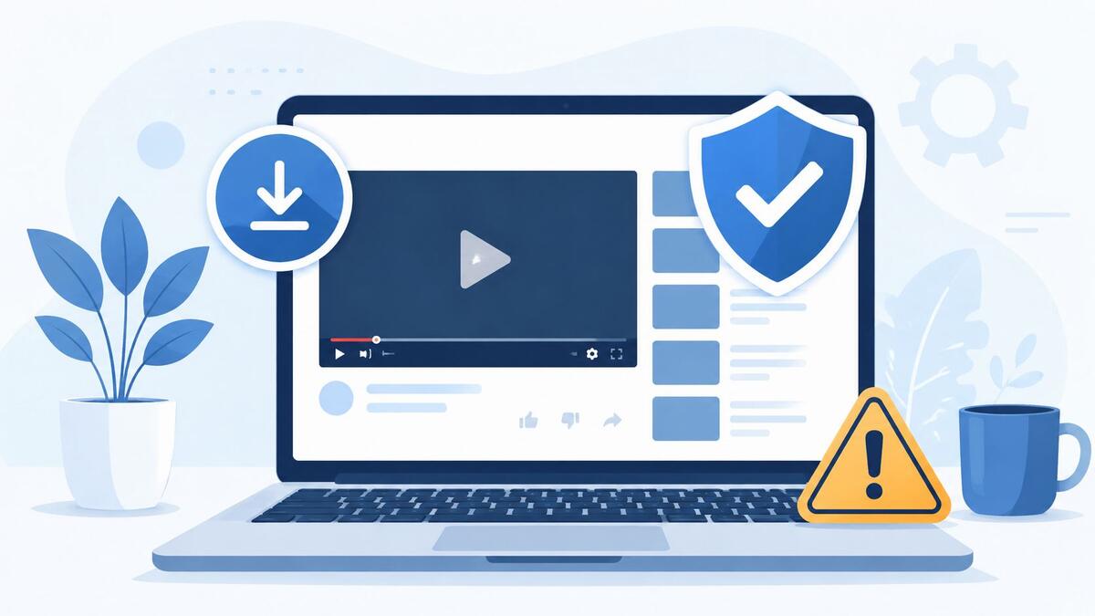 Is a YouTube downloader safe to use in 2026 — laptop with video download and security warning icons