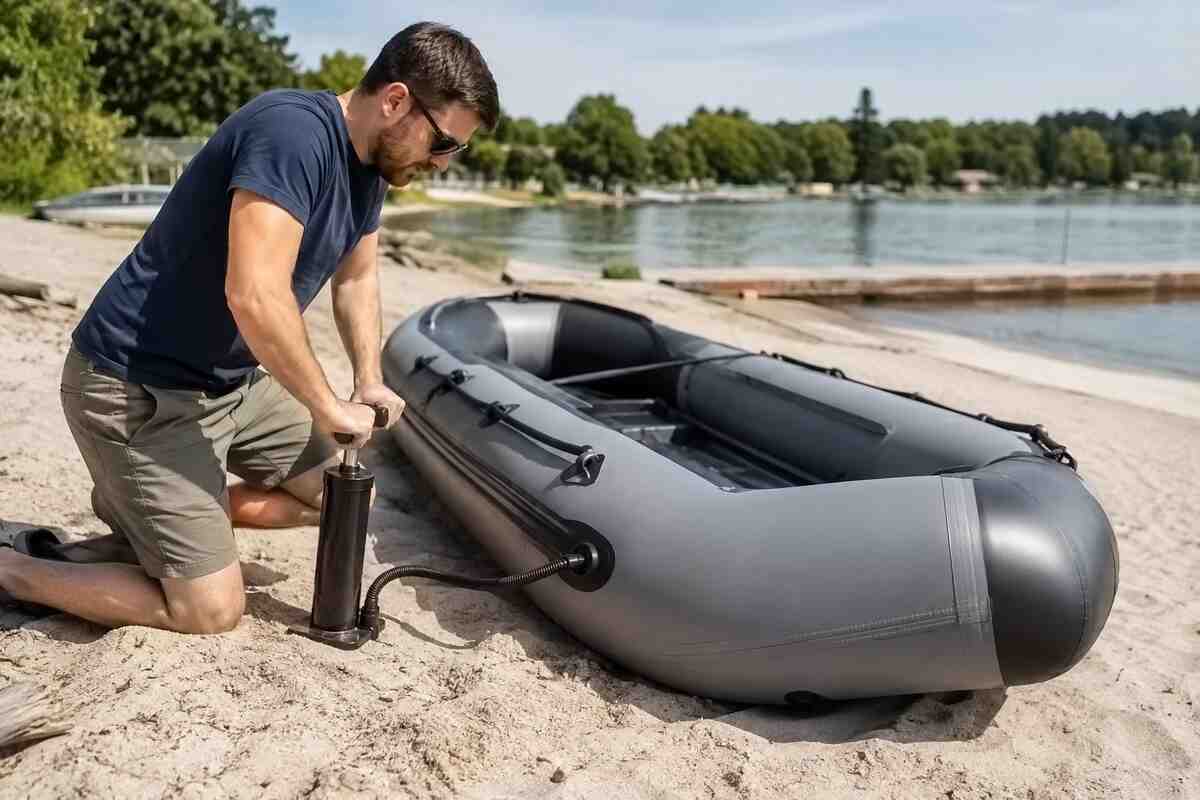 Man using a hand pump to inflate Zodiac boat tubes on the beach