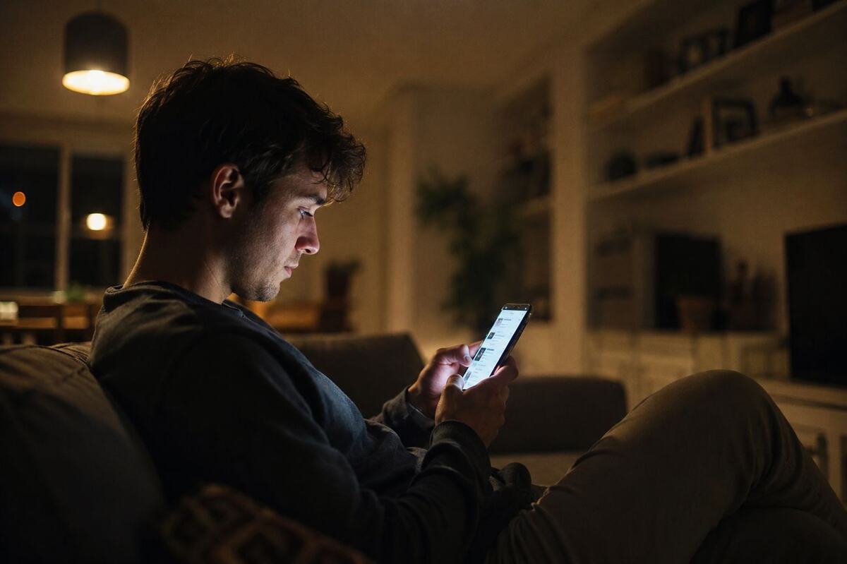 Man showing social media silent scroller traits while scrolling phone at night